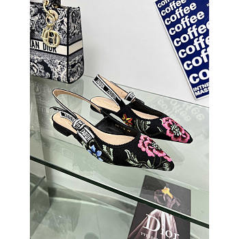 Dior J'Adior Slingback Flat Embroidered Cotton Black Multicolor