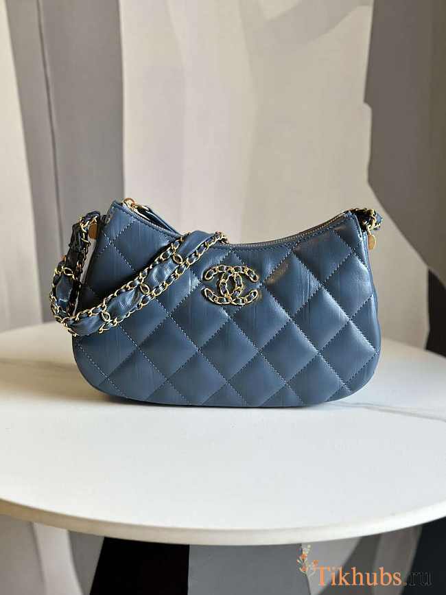 Chanel 23K Hobo Bag Lambskin Gold Metal Navy Blue 23.5x13.5x5.3cm - 1