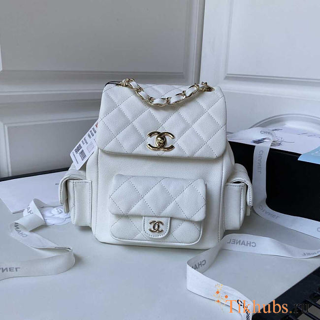 Chanel Small Backpack Caviar White Gold 21.5cm - 1