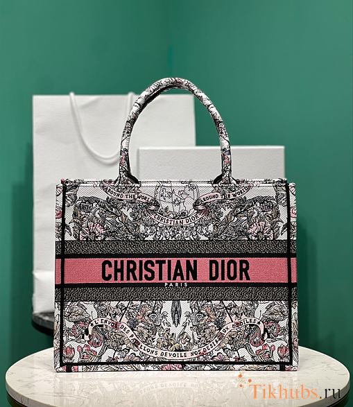 Dior Medium Book Tote White and Pastel Pink Butterfly 36cm - 1