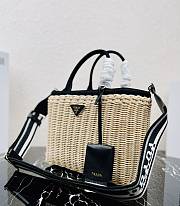 Prada Wicker Logo Plaque Tote Bag Black 25.5x17.5x11cm - 3