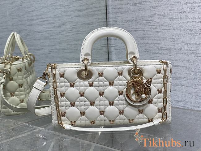 Dior Medium Lady D-joy Bag White Gold-Finish Butterfly Studs 26cm - 1