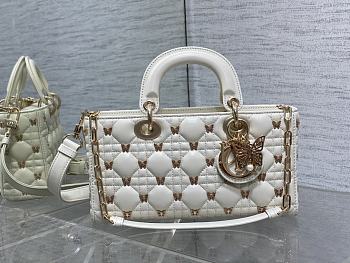 Dior Medium Lady D-joy Bag White Gold-Finish Butterfly Studs 26cm