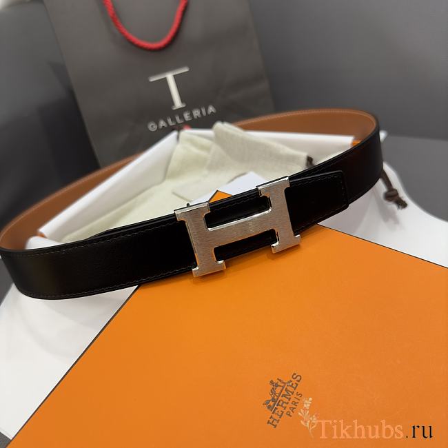 Hermes Black Brown Belt Silver 3.8cm - 1