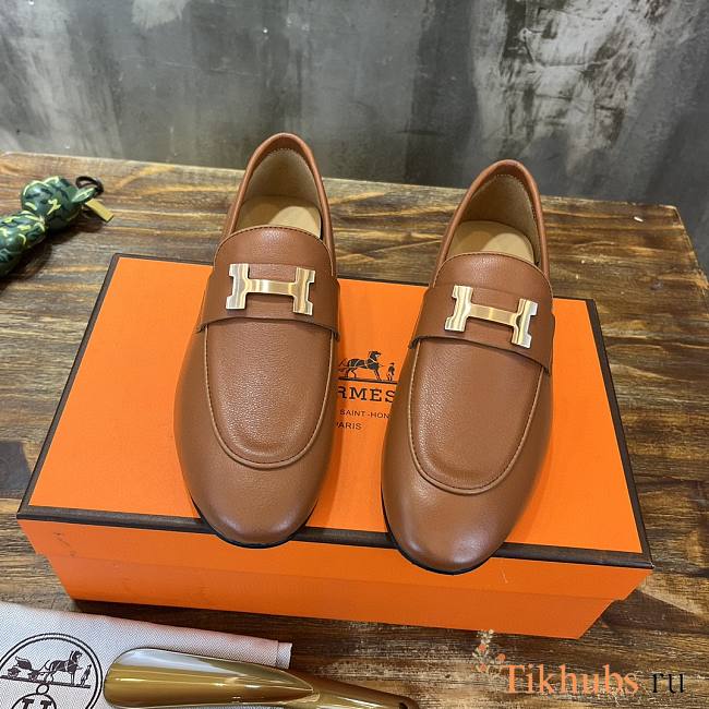 Hermes Brown Gold Loafer - 1