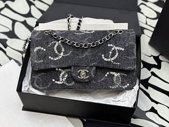 Chanel Flap Bag Denim Black Sequins Silver 25.5cm