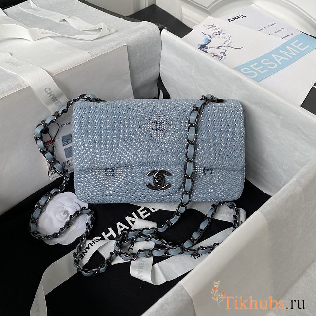 Chanel Small Flap Classic Handbag Velvet Crystal Pearl Blue 20cm - 1