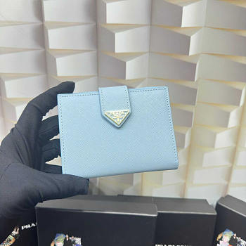 Prada Small Saffiano And Smooth Leather Wallet Blue 10x9x2cm