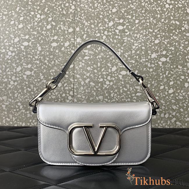 Valentino Small Loco Metallic Calfskin Silver Shoulder Bag 20x11x5cm - 1