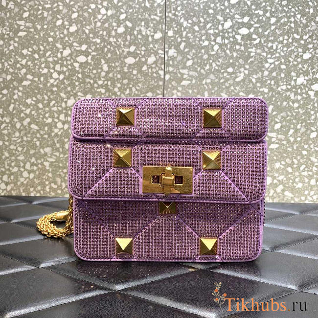 Valentino Small Garavani Roman Stud Rhinestone Shoulder Bag Purple 19x13x6cm - 1