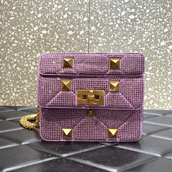 Valentino Small Garavani Roman Stud Rhinestone Shoulder Bag Purple 19x13x6cm