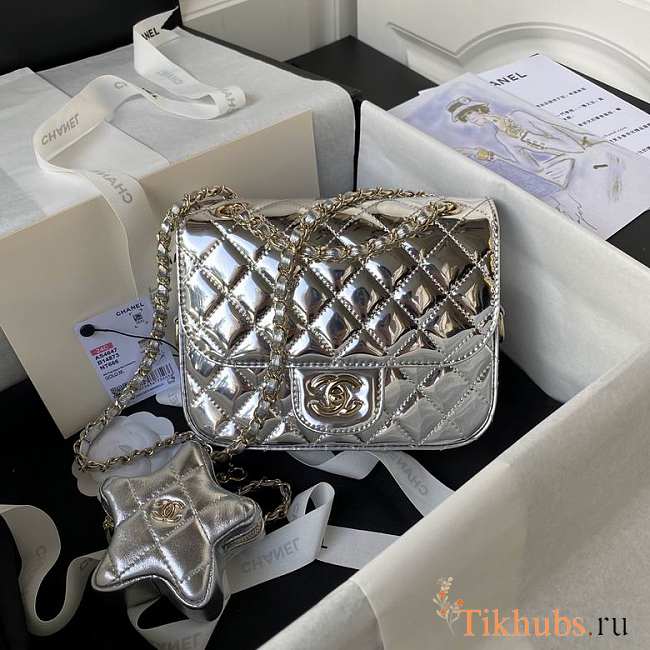 Chanel Mini Flap Bag & Star Coin Purse Mirror Silver 20x15x6.5cm - 1