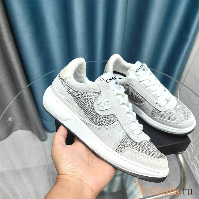 Chanel CC 23C Silver Grey Crystals CC Logo Suede Sneakers - 1