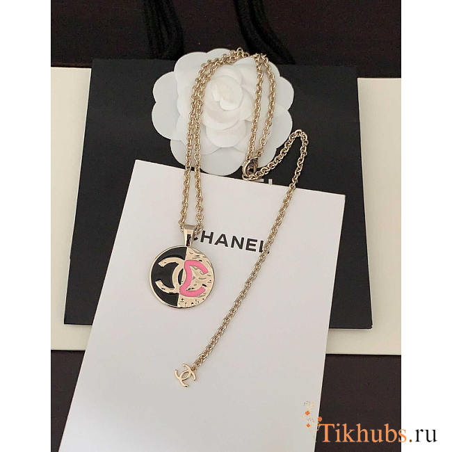 Chanel Pendant Necklace Metal Gold Black And Pink - 1