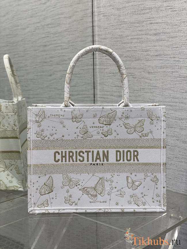 Dior Medium Book Tote Gold Tone and White Butterfly 36 x 27.5 x 16.5 cm - 1