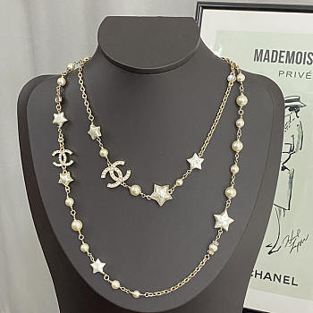 Chanel Metal Resin Pearl Star CC Necklace Gold