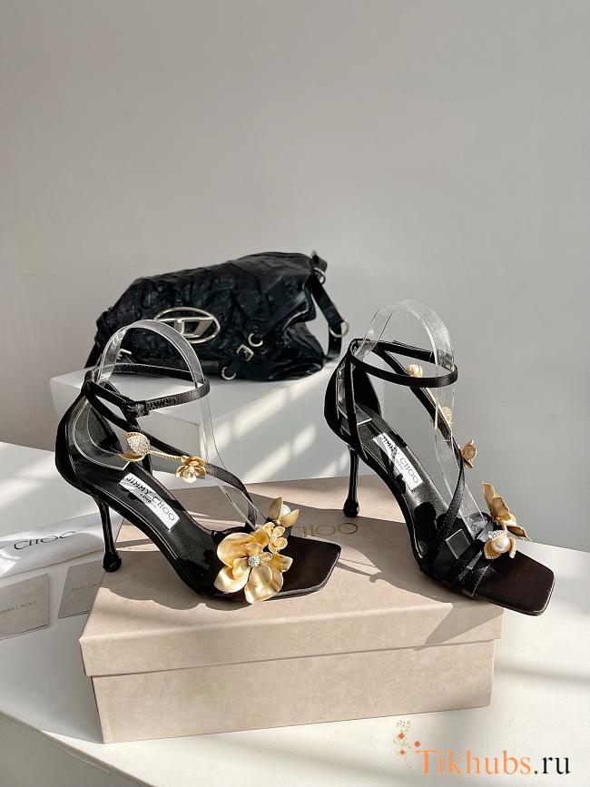 Jimmy Choo Zea 96 Black Satin Sandals with Metal Flowers - 1