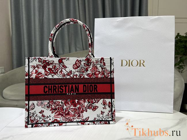 Dior Medium Book Tote White Red Le Cœur des Papillons 36 x 27.5 x 16.5 cm - 1