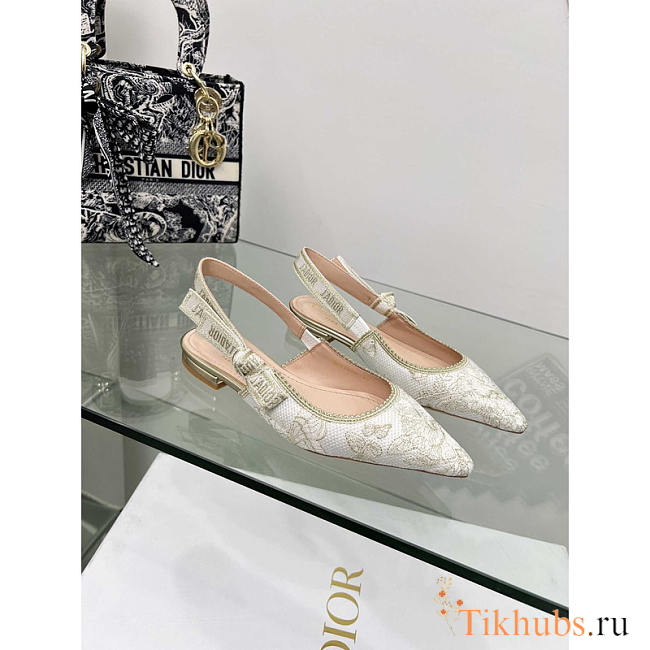 Dior J'adior Slingback Flat White Gold-Tone Toile - 1