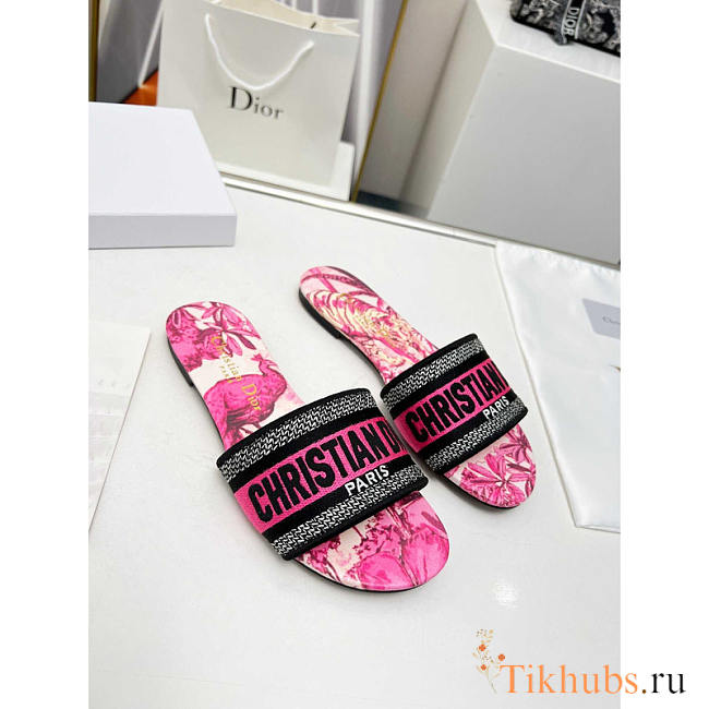 Dior Dway Slide Multicolor Embroidered Cotton Hot Pink - 1