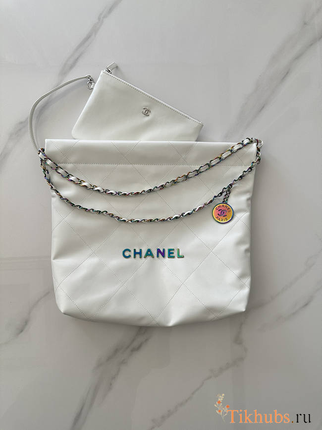 Chanel 22 Small Bag Shiny Calfskin Rainbow Metal White 35x37x7cm - 1