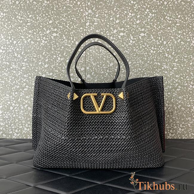 Valentino Black Raffia V-Logo Tote Bag 35x25x17cm - 1