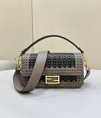 Fendi Baguette Black Gray Interlaced Leather Bag 27x15x6cm