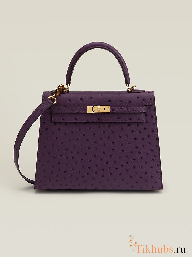 Hermes Kelly 25 Purple Ostrich Gold 25x17x7cm - 1