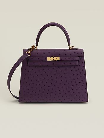 Hermes Kelly 25 Purple Ostrich Gold 25x17x7cm