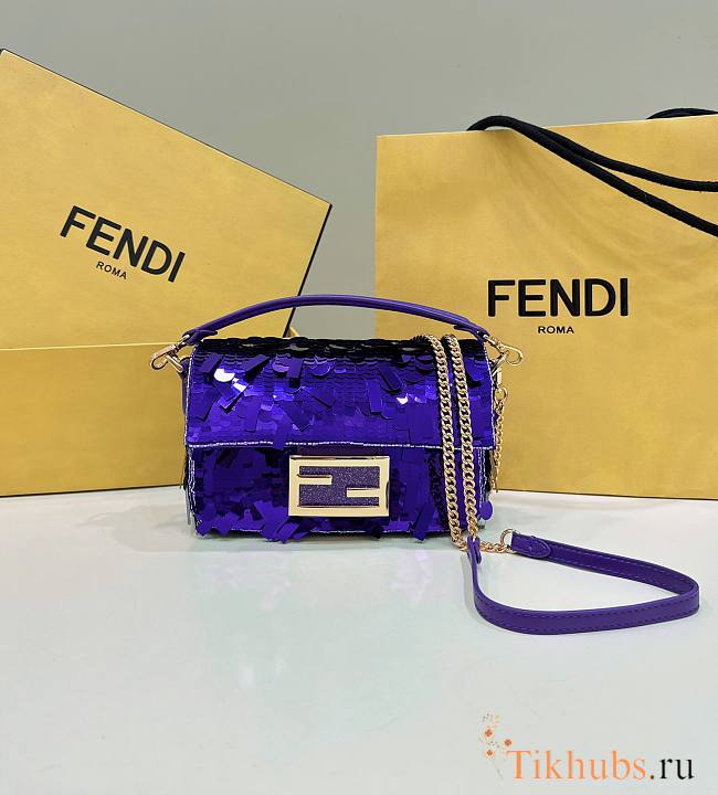 Fendi Baguette Mini Fuchsia Sequin Leather Purple Bag 19x11x5cm - 1