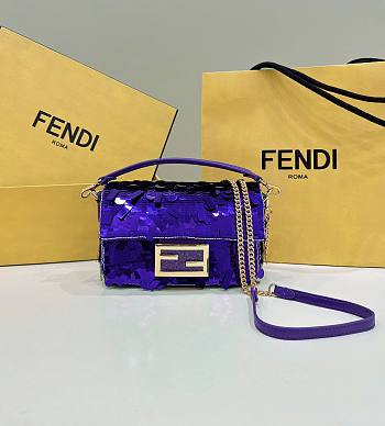 Fendi Baguette Mini Fuchsia Sequin Leather Purple Bag 19x11x5cm