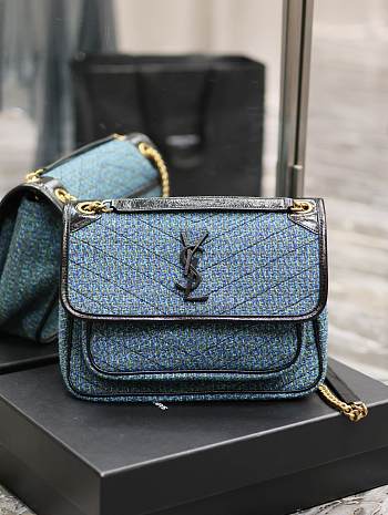 YSL Medium Niki Checked Tweed Blue 28x20.5x8.5cm