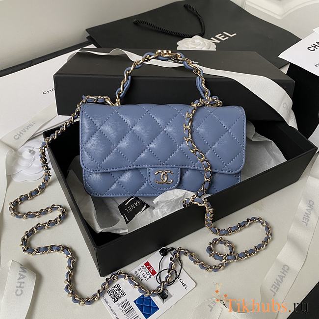 Chanel Flap Bag Top Handle Blue Lambskin 17x9.5x4cm - 1