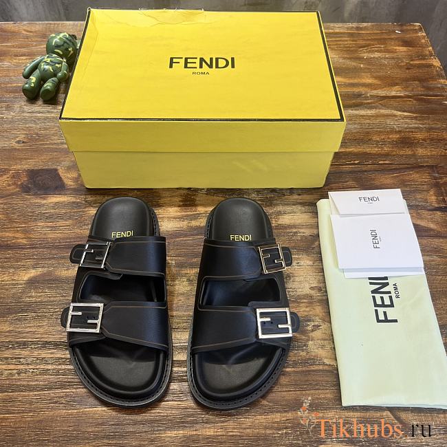 Fendi Feel Black Leather Slides - 1