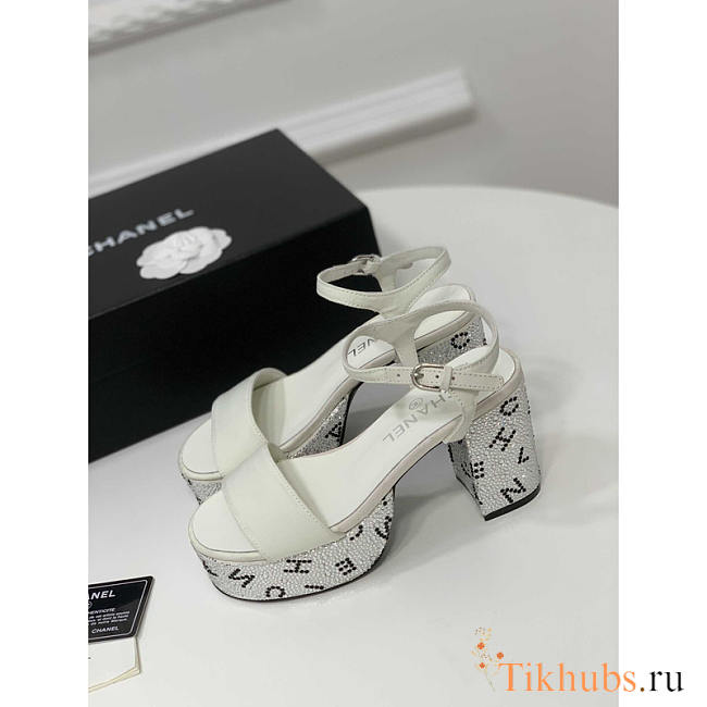 Chanel Sandals Grosgrain & Diamanté White 9cm - 1