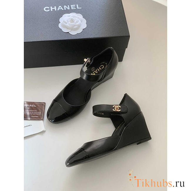 Chanel Lambskin Patent Cap Toe Mary Jane Wedge Pumps Black - 1