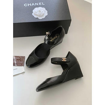 Chanel Lambskin Patent Cap Toe Mary Jane Wedge Pumps Black