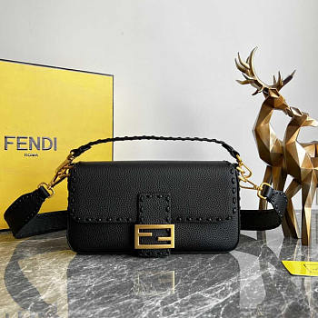 Fendi Baguette Camellia Selleria Bag Black 27x15x6cm