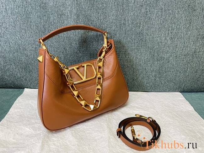 Valentino Stud Sign Calfskin Hobo Bag Brown 28x22x7cm - 1