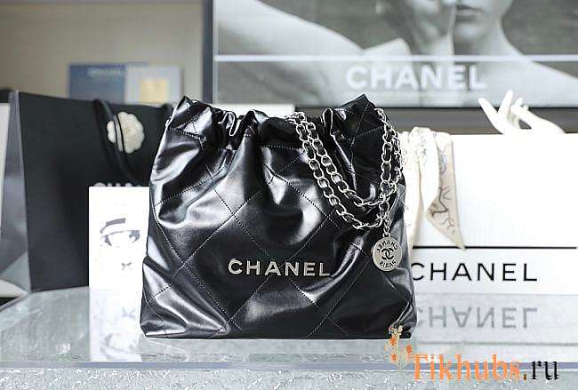 Chanel 22 Handbag Shiny Calfskin Black Silver Hardware 38x42x8cm - 1