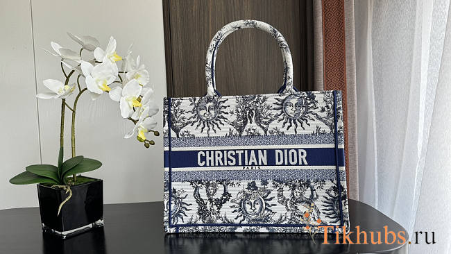 Dior Medium Book Tote White Navy Blue Toile De Jouy Soleil 36cm - 1