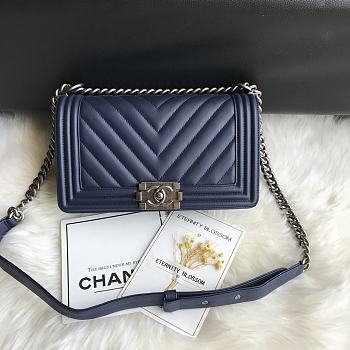 Chanel Leboy Bag Chevron Navy Blue Lambskin Silver 25cm