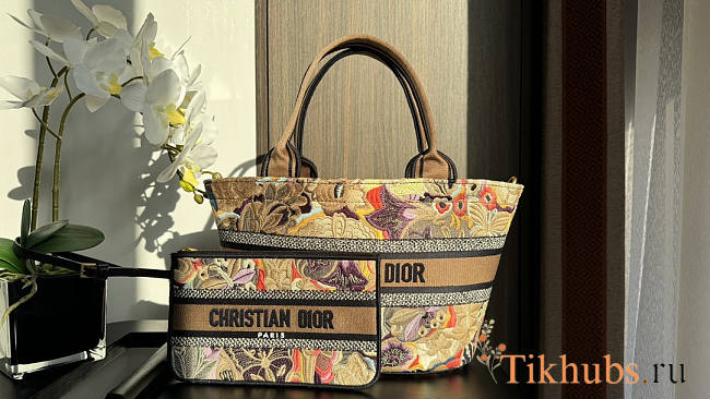 Dior Beige Muticolor Brocart Butterfly Basket Bag 27x20x8cm - 1