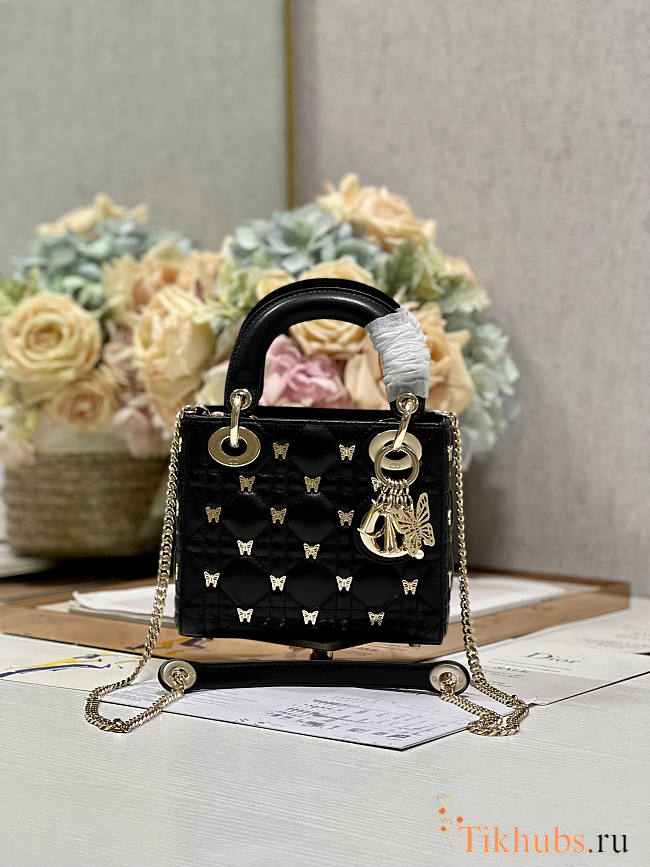 Dior Mini Lady Bag Black Gold-Finish Butterfly Studs 17cm - 1