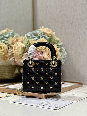 Dior Mini Lady Bag Black Gold-Finish Butterfly Studs 17cm - 4