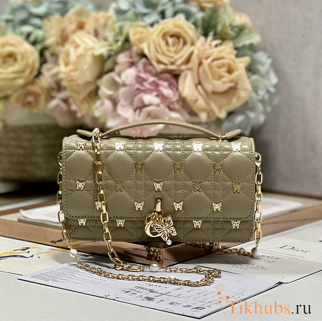 Dior Mini Miss Dior Bag Beige Gold Butterfly Studs 21x11.5x4.5cm - 1