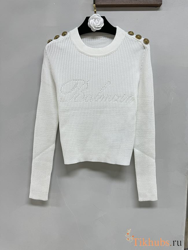 Balmain Embellished Logo White Knit Jumper - 1