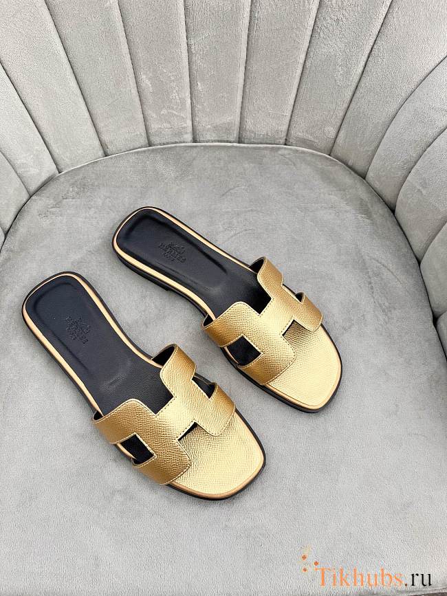 Hermes Oran Gold Black Slides - 1