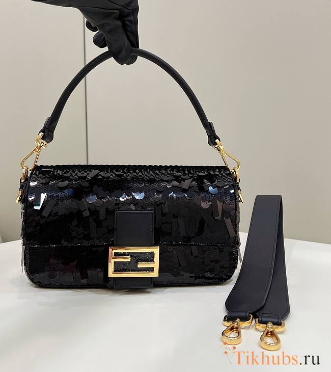 Fendi Sequin Baguette Bag In Black 27cm - 1