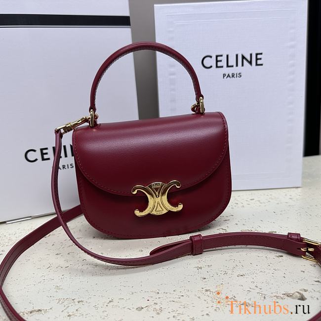 Celine Mini Besace Triomphe in Shiny Calfskin Red Wine 15.5x11.5x5cm - 1